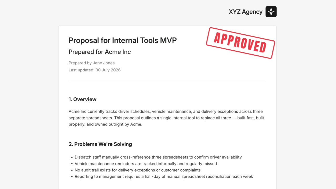 A proposal in the app, titled 'Proposal for Internal Tools MVP' and prepared for Acme Inc, with an 'Approved' stamp in the corner